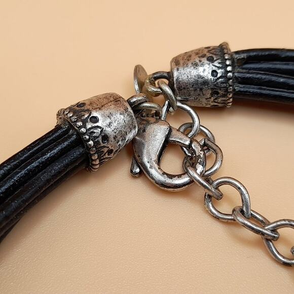 Chico's Floral Heart Silver Tone Pendant Necklace, 9 Strands Black Leather, 20" - Picture 11 of 12